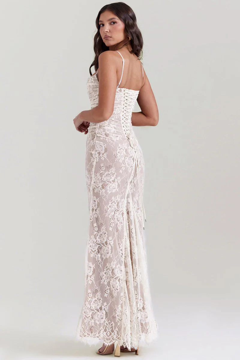 Loura Shoulder-On Floral Lace Maxi Dress