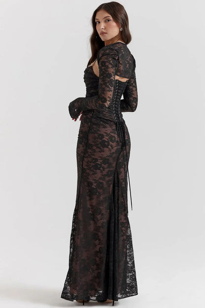 Loura Shoulder-On Floral Lace Maxi Dress
