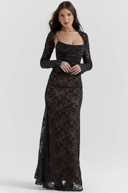 Loura Shoulder-On Floral Lace Maxi Dress