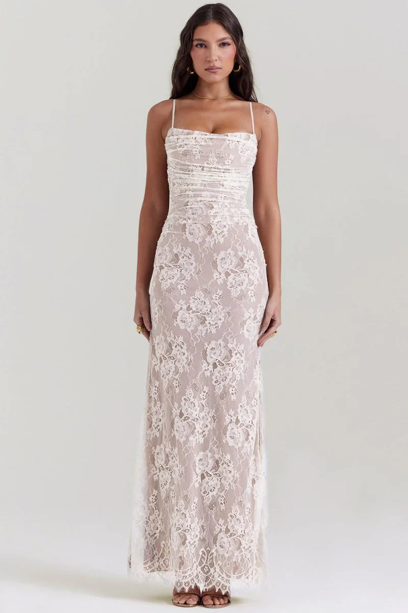 Loura Shoulder-On Floral Lace Maxi Dress