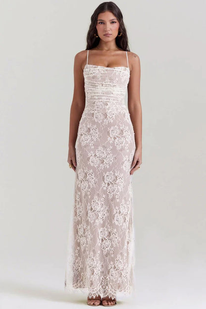 Loura Shoulder-On Floral Lace Maxi Dress