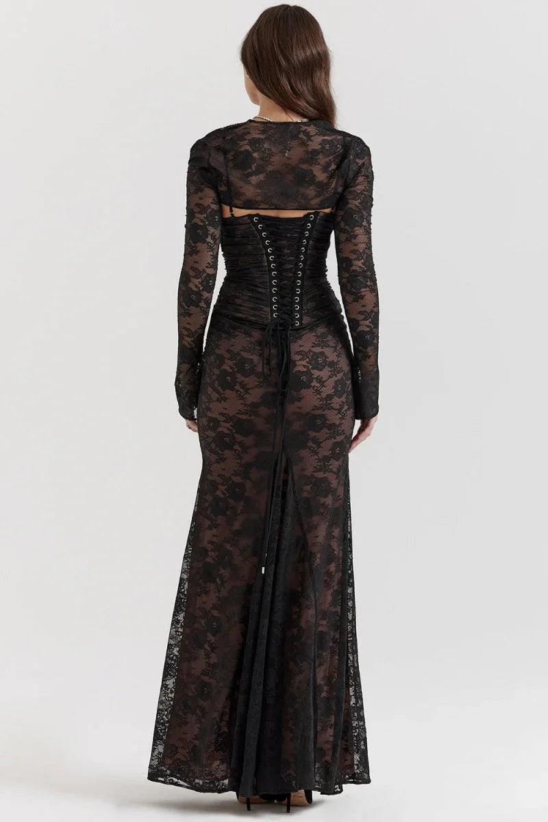 Loura Shoulder-On Floral Lace Maxi Dress