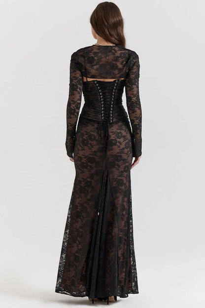 Loura Shoulder-On Floral Lace Maxi Dress