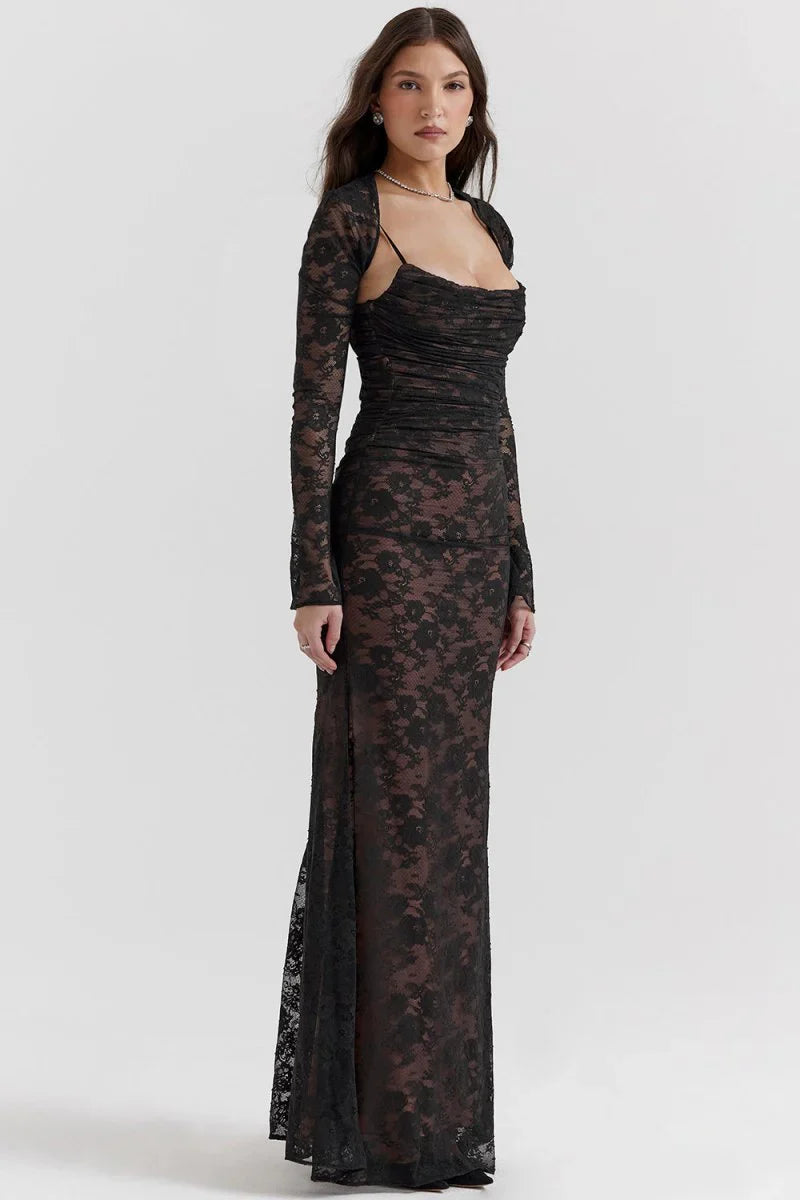 Loura Shoulder-On Floral Lace Maxi Dress