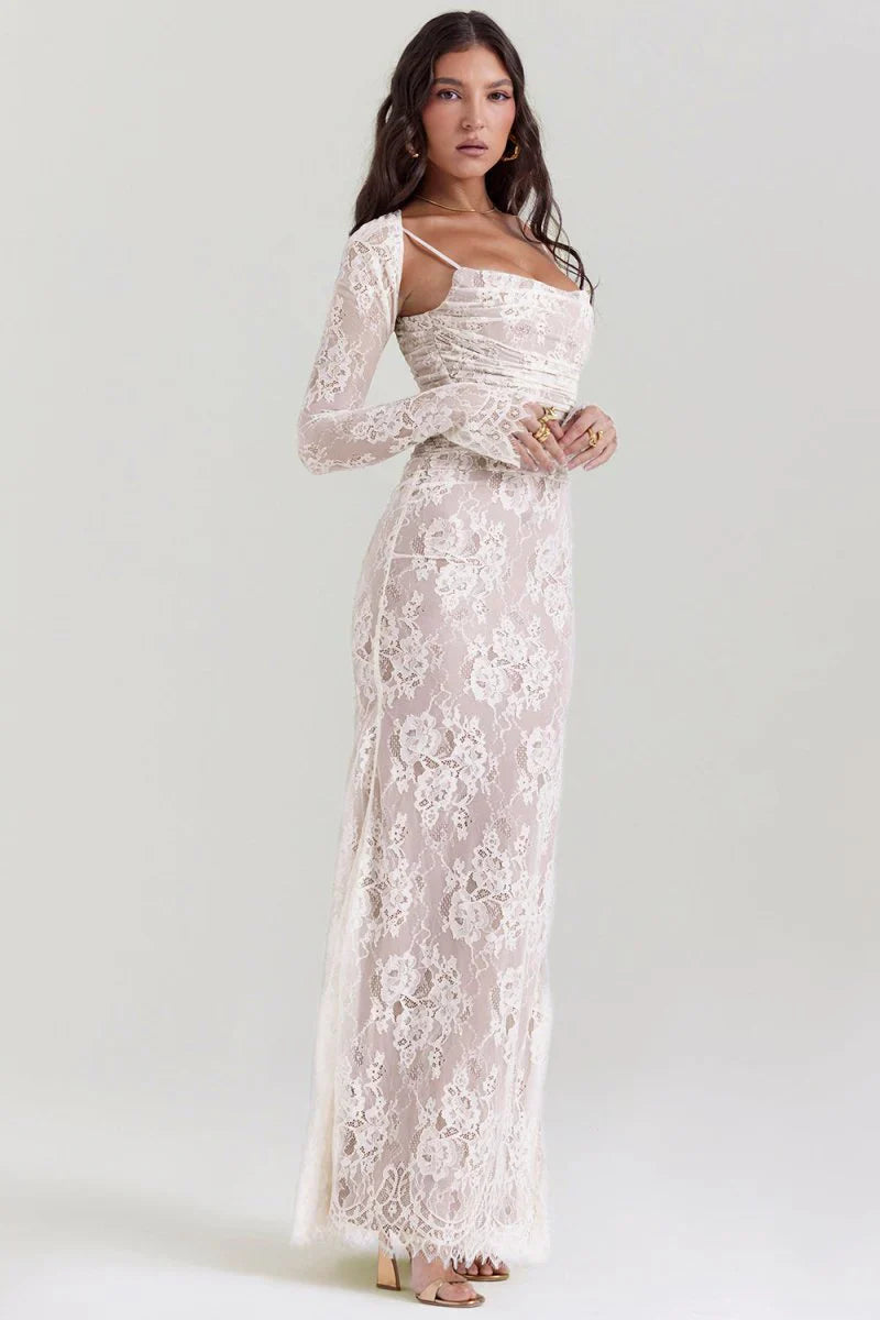 Loura Shoulder-On Floral Lace Maxi Dress