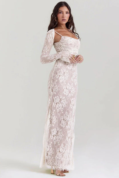 Loura Shoulder-On Floral Lace Maxi Dress